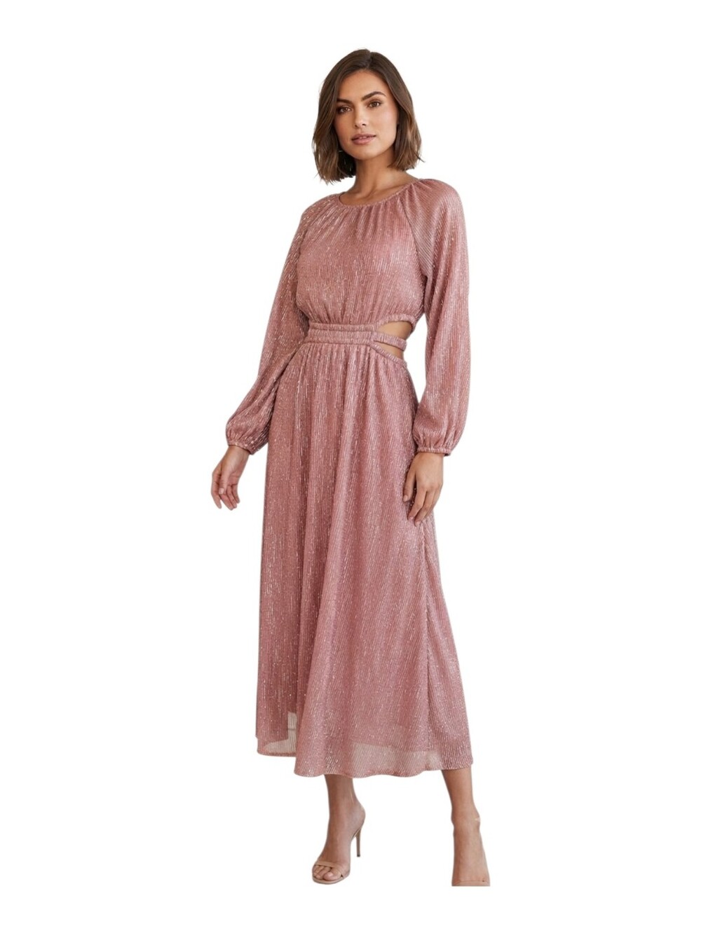 Anthropologie Moon River Pink Metallic Shimmer Long Sleeve Cutout Midi Dress S